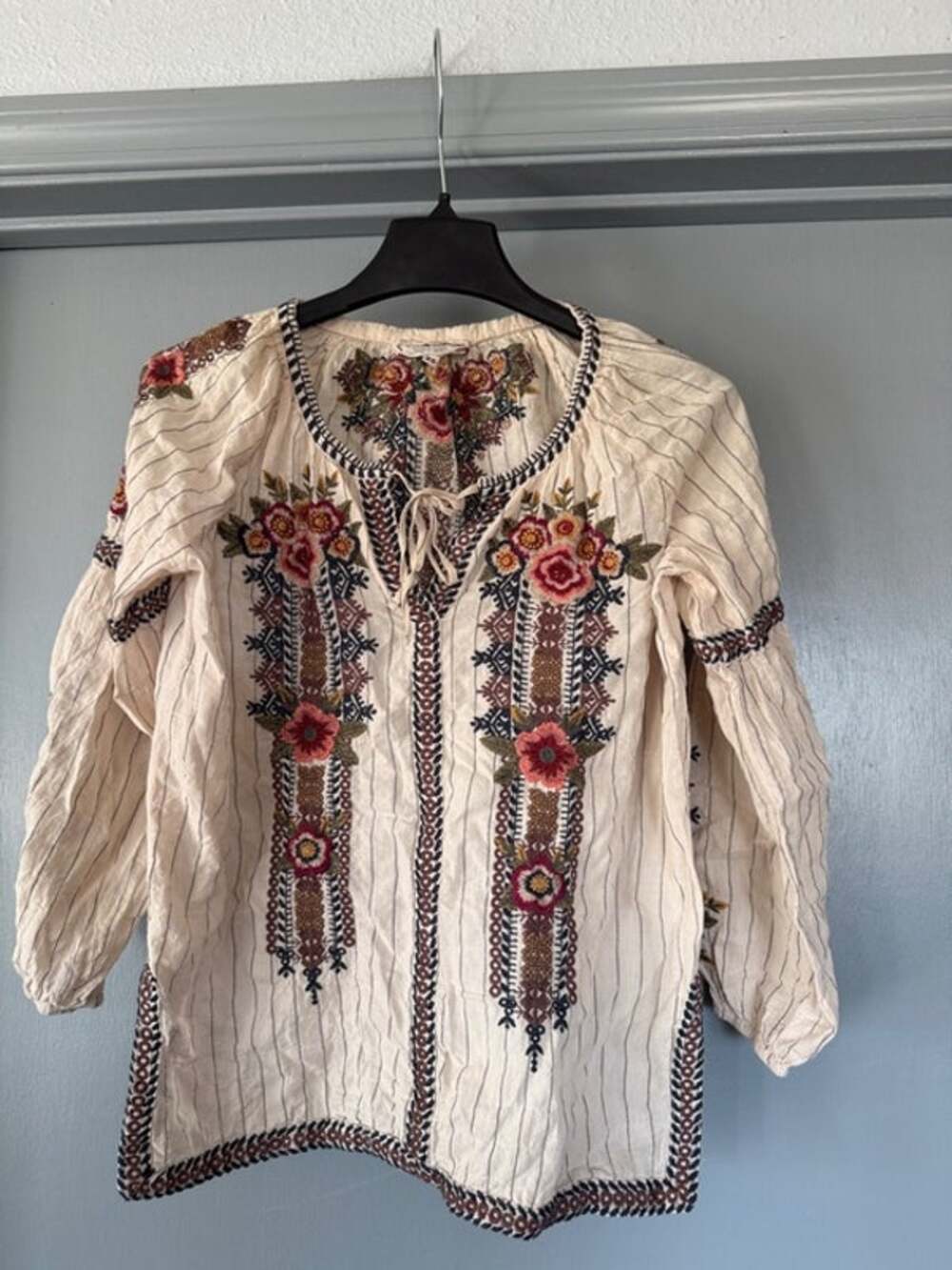 Johnny Was Workshop Women's Embroidered Floral Stripe Peasant Pullover Top XS